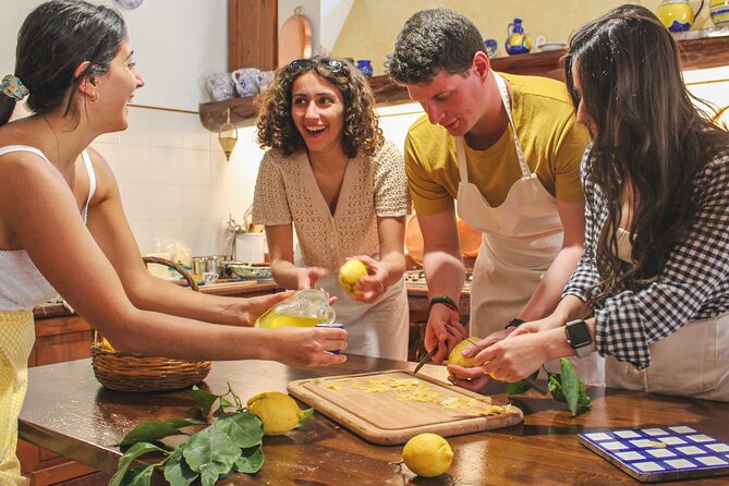 Fresh pasta and Limoncello course in a lemon grove - Eating on a terrace above the Bay of Naples