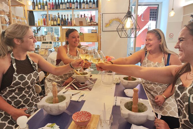 Genoese Pesto Lesson with Mortar, Pasta Tasting and Local Wine - Eating Trofie al Pesto With Local Wine